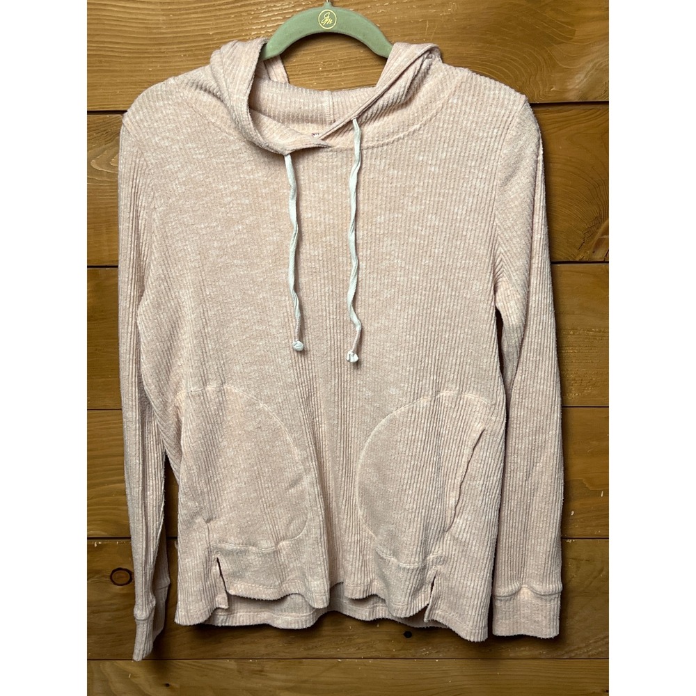 Anthropologie Ribbed Pink Hoodie Pullover Long Sleeve Drawstring Pockets Soft Sm